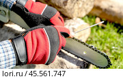 Maste on sharpening chains sharpens cap on a chainsaw. Стоковое фото, фотограф Igor Skripachev / Фотобанк Лори