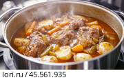 Delicious beef stew simmering in pot with carrots, potatoes, and vegetables. Стоковое AI-изображение, AI-художник Юрий Поздников / Фотобанк Лори