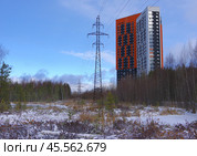 Екатеринбург - город контрастов: озеро-болото Малая Здохня, линия ЛЭП и новостройка ЖК Зеленый остров. Стоковое фото, фотограф Алексей Иванов / Фотобанк Лори