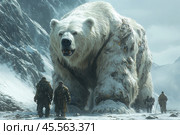 An epic scene in the snowy mountains where a giant polar bear stands next to a group of people dressed in warm survival gear. The bear looks majestic and menacing, its massive figure highlighting the strength and wildness of nature. The people next to the bear seem tiny, which creates a sense of drama and scale of what is happening. The scene is shrouded in cold winter fog, adding to the mystery. This painting is perfect for illustrations related to adventure, survival, nature or fantasy. Стоковое AI-изображение, AI-художник Анна Кривицкая / Фотобанк Лори