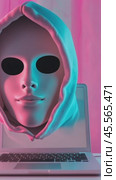 White hacker mask with hoodie coming out of laptop screen with pink and blue neon lighting. Стоковое AI-видео, аниматор Юрий Поздников / Фотобанк Лори