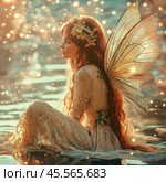 A beautiful fairy is sitting in a pond around a fabulous twinkle of lights. Стоковое AI-изображение, AI-художник Ирина Ручушкина / Фотобанк Лори