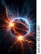 Supernova with exploding stars cosmic shock waves and radiant nebula on night sky, celestial space phenomenon. Perfect background, poster banner. Cosmic science spectacle concept. Copy ad text space. Стоковое AI-изображение, AI-художник Aleksandr Golubev / Фотобанк Лори