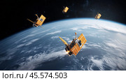 Satellites orbiting Earth demonstrating advancements in space technology and communication systems. Стоковое AI-изображение, AI-художник Сергей Толмачёв / Фотобанк Лори