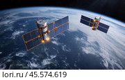 Two satellites orbiting Earth, showcasing advanced technology and communication capabilities. Стоковое AI-изображение, AI-художник Сергей Толмачёв / Фотобанк Лори