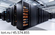 Modern data center with network servers lined up in organized rows illuminated by LED lights. Стоковое AI-изображение, AI-художник Сергей Толмачёв / Фотобанк Лори