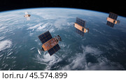 Satellites orbiting Earth with detailed views of weather patterns and cloud formations in the background. Стоковое AI-изображение, AI-художник Сергей Толмачёв / Фотобанк Лори