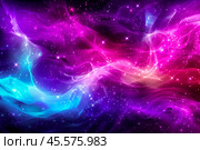 Абстракция в виде цветного дыма на черном звездном фоне. Стоковое AI-изображение, AI-художник Анжелика Самсонова / Фотобанк Лори