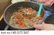 A woman stirs mushrooms, carrots, and tomato paste in the saucepan. She is preparing zucchini caviar. Close-up. Стоковое видео, видеограф Vadzim Yakubovich / Фотобанк Лори