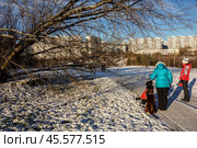 Люди гуляют с собаками в Парке 50-летия Октября зимой.  Две женщины с питомцами стоят на заснеженной дороге на фоне микрорайона Раменки, Москва. (2015 год). Редакционное фото, фотограф Iva Noel / Фотобанк Лори