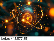 Atom with rotating electrons, energy and matter concept background. Стоковое AI-изображение, AI-художник Михаил Коханчиков / Фотобанк Лори
