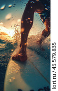 Surfer carving the waves during sunset on a tropical beach in warm waters. Стоковое AI-изображение, AI-художник Юлия Гапеенко / Фотобанк Лори