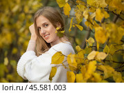 Beautiful happy girl with light brown hair among the yellow foliage in the autumn park. An attractive young woman is smiling and looking at the camera. Fall season. Leaves of golden color. Autumn mood. Стоковое фото, фотограф Андрей Степанов / Фотобанк Лори