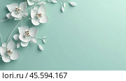 A quilling artwork of a elegant paper orchids with graceful curves, on a mint background with copy space. Стоковое AI-изображение, AI-художник Михаил Строгалев / Фотобанк Лори