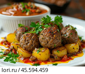 Meatballs baked with potatoes, mushrooms and sour cream (in the oven). Enjoy your meal! Стоковое AI-изображение, AI-художник Сергей Елизарьев / Фотобанк Лори