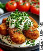 Chicken croquettes with herbs. Enjoy your meal! Стоковое AI-изображение, AI-художник Сергей Елизарьев / Фотобанк Лори