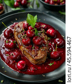 Veal in cherry sauce. Enjoy your meal! Стоковое AI-изображение, AI-художник Сергей Елизарьев / Фотобанк Лори