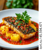 Delicious baked fish - hake with champignons, onions, tomatoes and cheese. Enjoy your meal! Стоковое AI-изображение, AI-художник Сергей Елизарьев / Фотобанк Лори