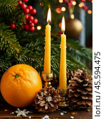 New Year candles, tangerines, fir tree branches. New Year's decor. Festive New Year's atmosphere. Стоковое AI-изображение, AI-художник Сергей Елизарьев / Фотобанк Лори