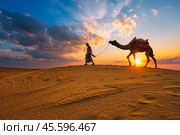 Indian cameleer camel driver camel silhouettes in dunes on sunset. Jaisalmer, Rajasthan, India (2019 год). Стоковое фото, фотограф Дмитрий Рухленко / Фотобанк Лори