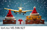 A stack of suitcases with a red Santa Claus hat and a model airplane on a blue background with snow. The concept of traveling on Christmas and New Year's Eve. Стоковое AI-изображение, AI-художник Photojuli / Фотобанк Лори