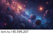 A galaxy with many planets and stars. Стоковое AI-видео, аниматор Виктория Кольцова / Фотобанк Лори