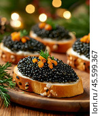 Sandwiches with black caviar. A beautiful and original snack for a festive table. Enjoy your meal! Стоковое AI-изображение, AI-художник Сергей Елизарьев / Фотобанк Лори