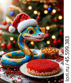 A cute snake, the symbol of 2025 according to the Eastern calendar, red caviar and a glass of champagne. The snake symbolizes wisdom, vitality, immortality and healing powers. Festive atmosphere of the New Year. Стоковое AI-изображение, AI-художник Сергей Елизарьев / Фотобанк Лори