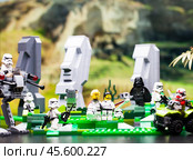 RUSSIA, April 17, 2018. Constructor Lego Star Wars. Squad of stormtroopers and Darth Vader on Easter Island. Редакционное фото, фотограф Андрей Аркуша / Фотобанк Лори