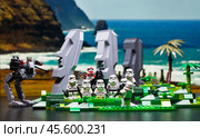 RUSSIA, April 17, 2018. Constructor Lego Star Wars. Squad of stormtroopers and Darth Vader on Easter Island. Редакционное фото, фотограф Андрей Аркуша / Фотобанк Лори