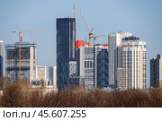 Строительство современных многоэтажных жилых домов. Городские кварталы в большом городе. Вид на высокие здания и строительные башенные краны. Жилая недвижимость. Стоковое фото, фотограф Андрей Степанов / Фотобанк Лори