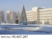 Город Нерюнгри, Республика Саха (Якутия), Россия. Зимний городской пейзаж. Вид на памятник Владимиру Ленину и новогоднюю ёлку на площади Ленина около здания администрации города Нерюнгри. Высокая искусственная рождественская ель с красной звездой на вершине. Заснеженная улица (проспект Дружбы народов). Холодная погода. (2024 год). Редакционное фото, фотограф Андрей Степанов / Фотобанк Лори