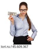 Girl with glasses holding a hundred dollar bill. Стоковое фото, фотограф Дмитрий Киселёв / Фотобанк Лори
