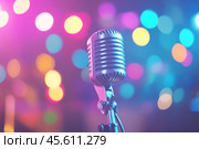 Microphone on the stage in concert hall or conference room. Close-up of a microphone in focus with a blurred pink purple bokeh background. Public speaking and live events concept. Neon light. Audience. Стоковое AI-изображение, AI-художник Марина Демидюк / Фотобанк Лори