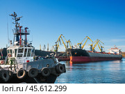 Кольский залив, буксир, сухогруз, грузовые краны, на угольном терминале в порту. Стоковое фото, фотограф Павел Просянов / Фотобанк Лори