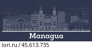 Outline Managua Nicaragua City Skyline with White Buildings. Стоковая иллюстрация, иллюстратор Игорь Сорокин / Фотобанк Лори