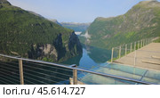Geiranger fjord observation deck, view on waterfall Seven Sisters. Beautiful Nature Norway natural landscape. Стоковое видео, видеограф Андрей Армягов / Фотобанк Лори