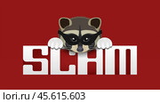Vector cute funny head and paws of raccoon scammer in mask. Word, scam on red background. Стоковая иллюстрация, иллюстратор GAlexS / Фотобанк Лори