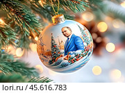 Елочный шар с портретом президента Российской Федерации Владимира Путина. Редакционное AI-изображение, AI-художник Щеголева Ольга / Фотобанк Лори