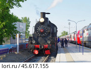 Паровоз Эр766-41 на станции Сортавала, Карелия (2019 год). Редакционное фото, фотограф Алексей Иванов / Фотобанк Лори