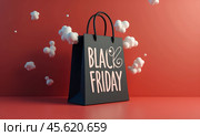 Черный пакет с надписью Black Friday. Концепция распродажи. Стоковое AI-изображение, AI-художник Илья Старков / Фотобанк Лори