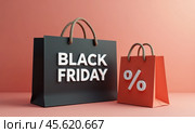 Черный пакет с надписью Black Friday и Красный со знаком процента. Концепция распродажи. Стоковое AI-изображение, AI-художник Илья Старков / Фотобанк Лори