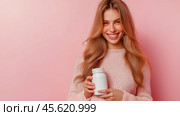The girl advertises Biologically active additives, medicines. A white jar is in the young woman's hand. Стоковое AI-изображение, AI-художник Ирина Ручушкина / Фотобанк Лори