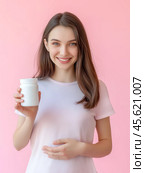 The girl advertises Biologically active additives, medicines. A white jar is in the young woman's hand. Стоковое AI-изображение, AI-художник Ирина Ручушкина / Фотобанк Лори