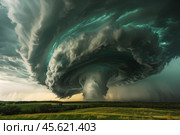 Supercell storm generating a tornado over green fields. Стоковое AI-изображение, AI-художник Иван Рябоконь / Фотобанк Лори