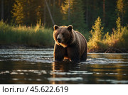 A brown bear is fishing in a river in the forest against the background of sunset. Стоковое AI-изображение, AI-художник Александр Поташев / Фотобанк Лори