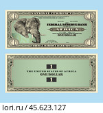 Vector fictional African money with a face value of 1 dollar. Obverse and reverse of the banknote with a guilloche frame and head of elephant. Стоковая иллюстрация, иллюстратор GAlexS / Фотобанк Лори
