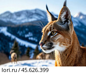 Caracal, or steppe lynx (Caracal caracal, from Turkic "black ear") is a tall and slender predator with long limbs, sandy or reddish-brown fur, large ears with black coloring and characteristic tassels of hair at the ends. Стоковое AI-изображение, AI-художник Сергей Елизарьев / Фотобанк Лори