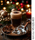 New Year is the smell of home, comfort, the smell of coffee with mulled wine and pine needles. Festive New Year atmosphere. Стоковое AI-изображение, AI-художник Сергей Елизарьев / Фотобанк Лори