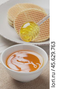 Drops of honey slowly flowing from a wooden honey dipper into a honey bowl, close-up. Honey flowing from a wooden honey dipper on to holland waffles. Vertical video. Стоковое видео, видеограф Андрис Салминьш / Фотобанк Лори